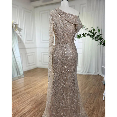 Nude Mermaid One Shoulder Pearls Beaded Luxury Evening Dress Gown LA72139