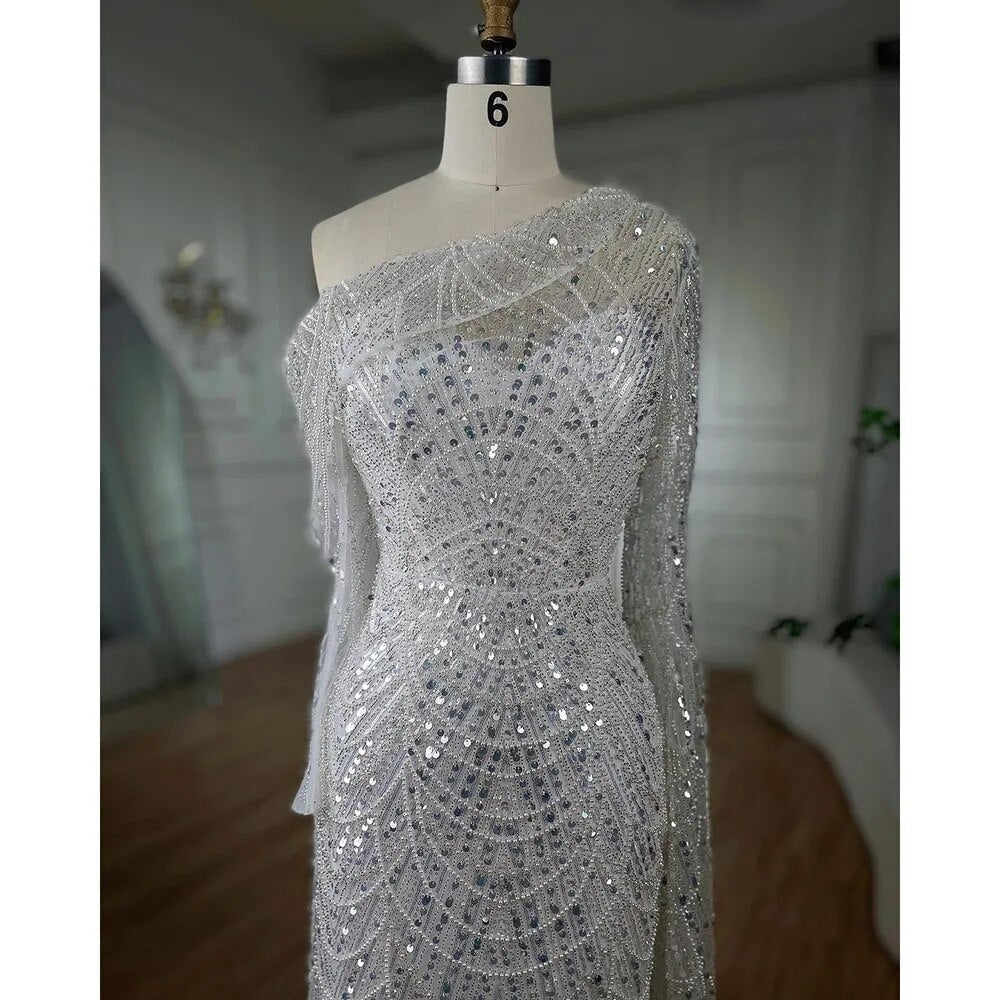 Nude Mermaid One Shoulder Pearls Beaded Luxury Evening Dress Gown LA72139