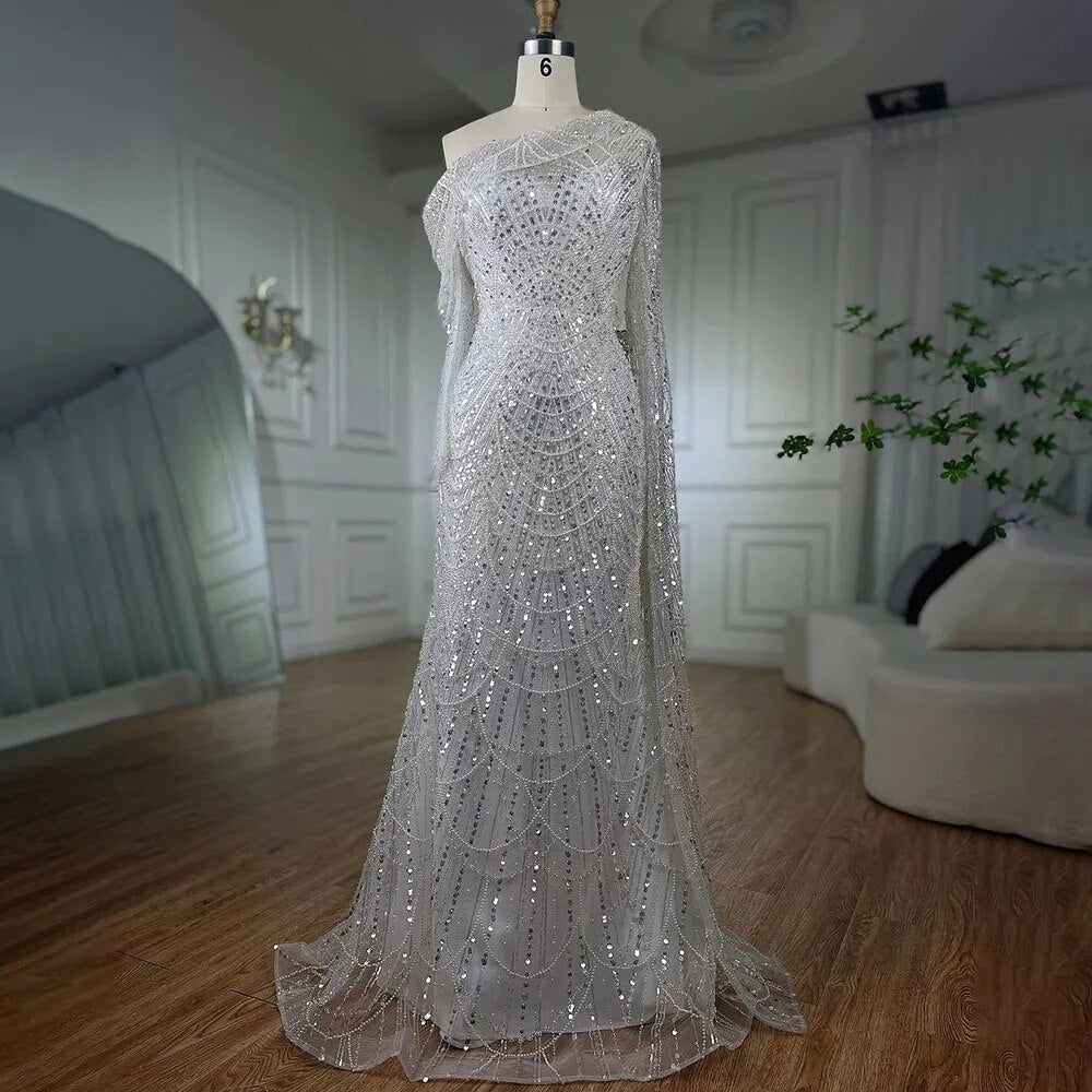 Nude Mermaid One Shoulder Pearls Beaded Luxury Evening Dress Gown LA72139