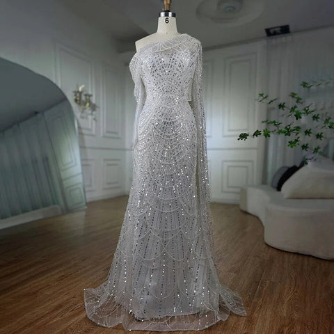 Nude Mermaid One Shoulder Pearls Beaded Luxury Evening Dress Gown LA72139