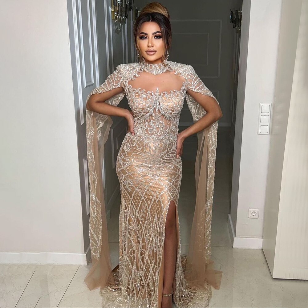 Nude Mermaid Elegant Sexy High Collar Cape Sleeves Luxury Beaded Evening Dresses Gowns 2025 For Women Party LA71747