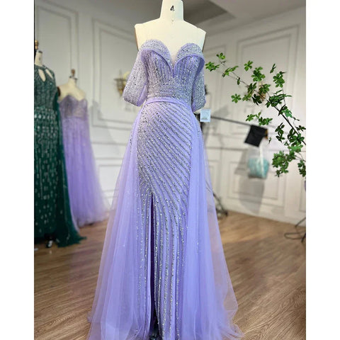 Elegante vestido de noche de sirena color piel con sobrefalda, hombros descubiertos y cuentas, para mujer, fiesta 2024 LA71728 