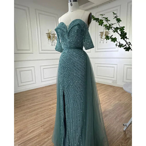 Elegante vestido de noche de sirena color piel con sobrefalda, hombros descubiertos y cuentas, para mujer, fiesta 2024 LA71728 