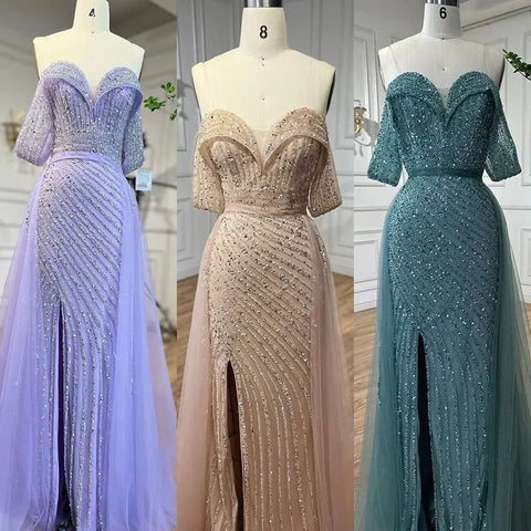 Elegante vestido de noche de sirena color piel con sobrefalda, hombros descubiertos y cuentas, para mujer, fiesta 2024 LA71728 