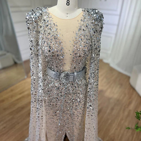 Vestido de noche de sirena color piel con mangas capa de lujo, elegante con cuentas y espalda descubierta para fiesta femenina 2025 LA71561 