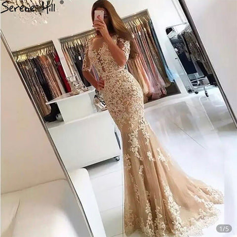 Nude Mermaid Lace Beaded  Muslim Luxury Evening Dresses Gowns 2025 Party  For Woman LA71193