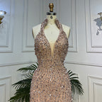 Nude Mermaid Sexy Halter High Split Beads Arabic Evening Dresses  Gowns For Women Wedding Party 2025 LA72025