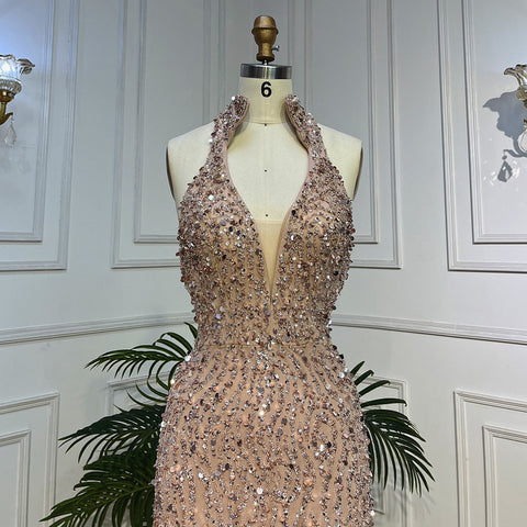 Vestido de noche árabe con escote halter, corte sirena, sexy, con abertura alta y cuentas, para mujer, para boda, fiesta, 2025, LA72025 