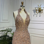 Nude Mermaid Sexy Halter High Split Beads Arabic Evening Dresses  Gowns For Women Wedding Party 2025 LA72025