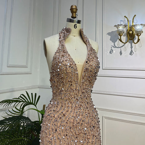 Vestido de noche árabe con escote halter, corte sirena, sexy, con abertura alta y cuentas, para mujer, para boda, fiesta, 2025, LA72025 