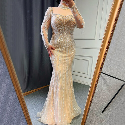 Luxury Champagne Mermaid Evening Dress with Detachable Overskirt LA71533