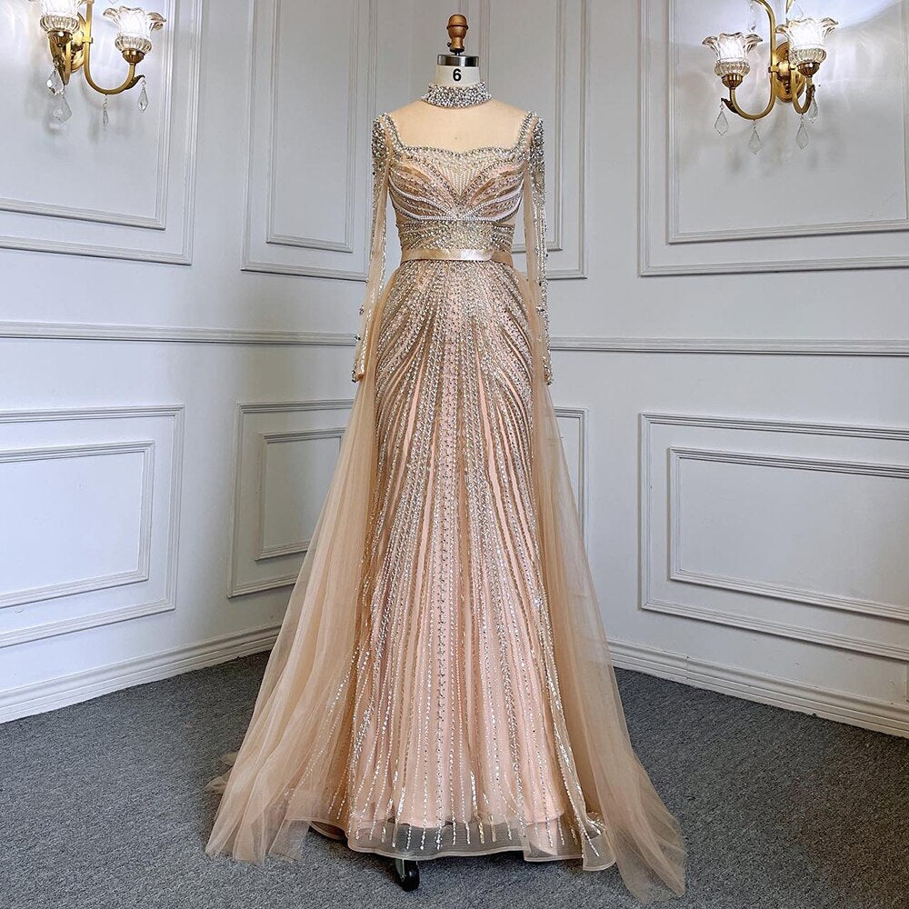 Luxury Champagne Mermaid Evening Dress with Detachable Overskirt LA71533