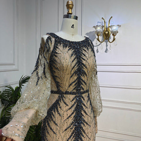 Vestido de noche color piel, escote redondo, manga larga, hombros descubiertos, corte sirena, con cuentas, para mujer LA72008 