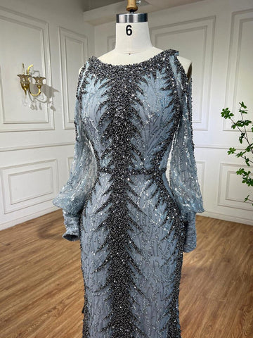 Vestido de noche color piel, escote redondo, manga larga, hombros descubiertos, corte sirena, con cuentas, para mujer LA72008 