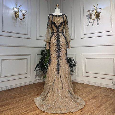 Vestido de noche color piel, escote redondo, manga larga, hombros descubiertos, corte sirena, con cuentas, para mujer LA72008 