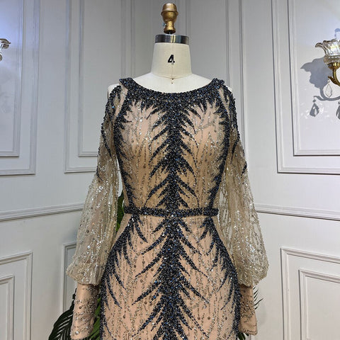 Vestido de noche color piel, escote redondo, manga larga, hombros descubiertos, corte sirena, con cuentas, para mujer LA72008 