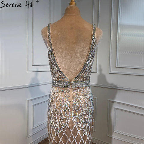 Vestido de noche elegante de sirena color rosa nude con abertura alta, plumas de lujo y abalorios, sexy para mujer, fiesta LA70791 