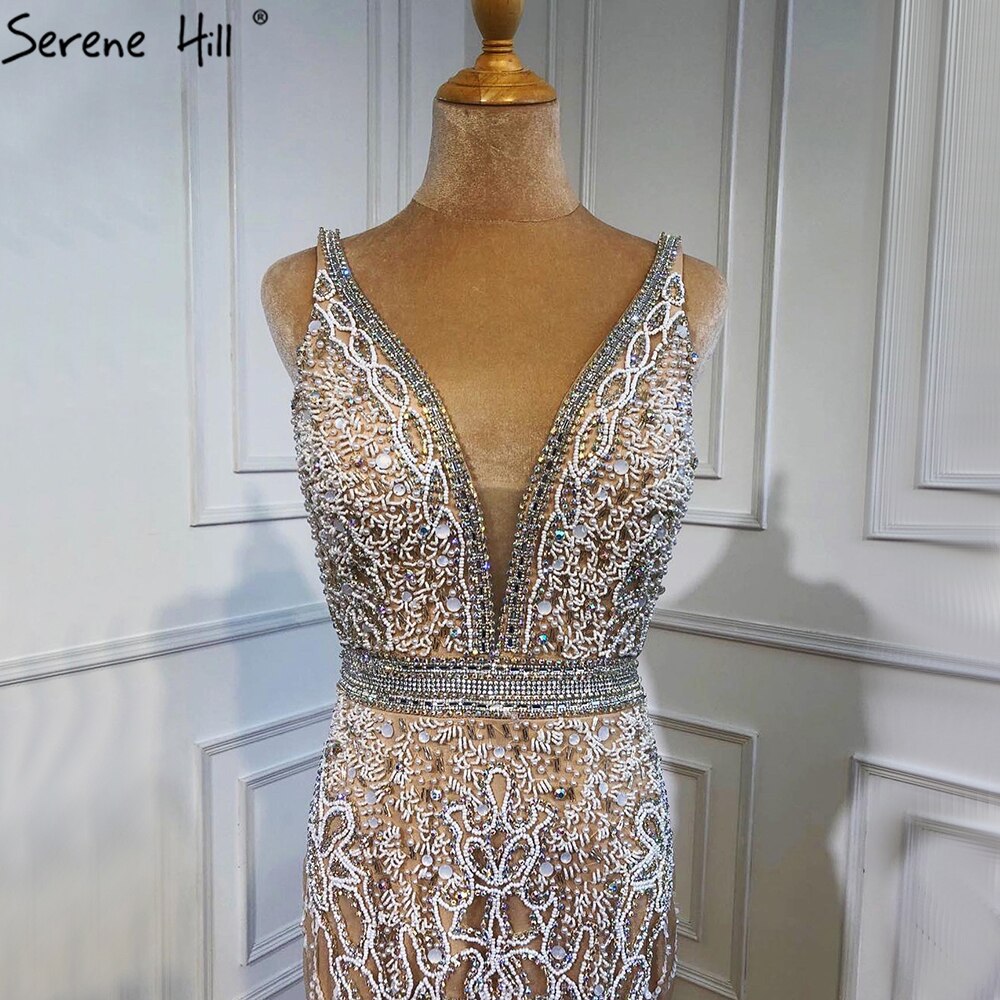 Nude Pink Mermaid High Split Elegant Evening Dresses Gowns 2025 Luxury Feathers Beading Sexy For Women Party LA70791