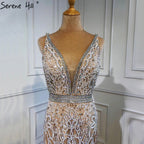 Nude Pink Mermaid High Split Elegant Evening Dresses Gowns 2025 Luxury Feathers Beading Sexy For Women Party LA70791