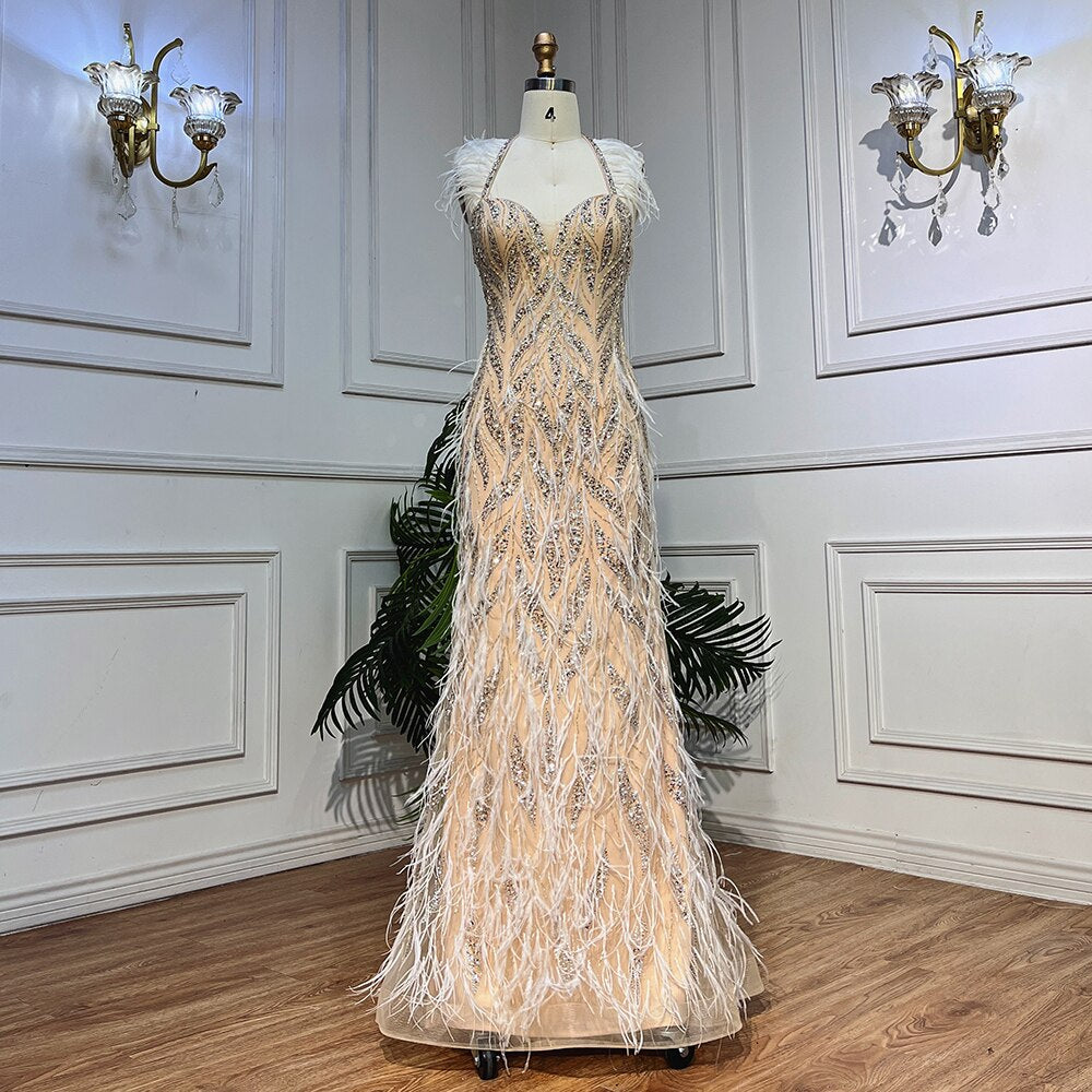 Nude Sexy Strap Mermaid Luxury Feather Beads Evening Dresses Dubai Gowns For Women Wedding Party 2025 LA72010