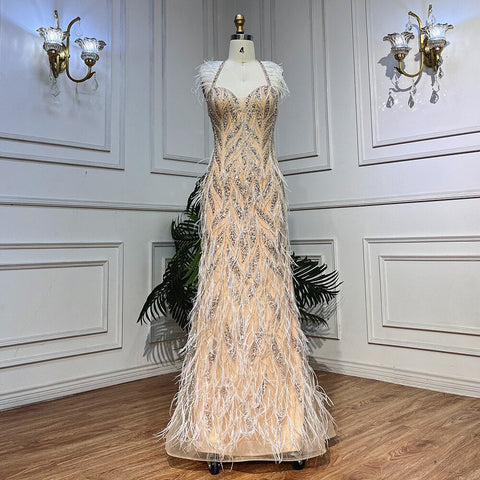 Vestidos de noche de sirena con tirantes finos, de lujo, con plumas y cuentas, estilo Dubái, para mujer, para boda, 2025, LA72010 