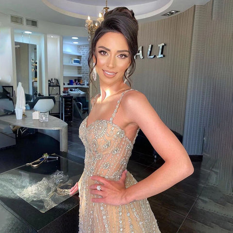 Vestido de fiesta árabe de lujo con escote corazón y cuentas, estilo sirena, color plata nude, sexy, con tirantes finos, formal, de noche, LA71785 