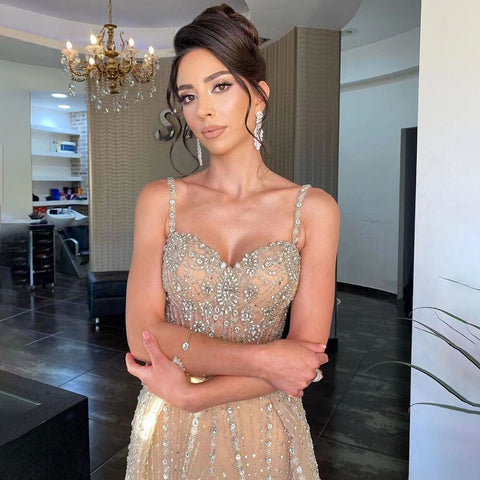 Vestido de fiesta árabe de lujo con escote corazón y cuentas, estilo sirena, color plata nude, sexy, con tirantes finos, formal, de noche, LA71785 