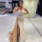 Nude Spaghetti Strap Luxury Evening Dresses Gowns 2025 Mermaid Beaded Elegant Overskirt For Women Party LA71599