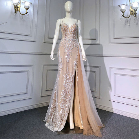 Vestidos de noche de lujo color piel con tirantes finos, estilo sirena, con cuentas, elegante sobrefalda para fiesta, LA71599 