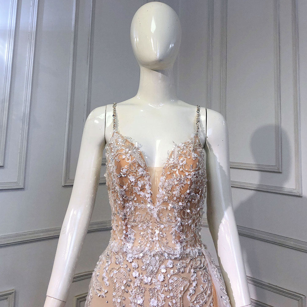 Nude Spaghetti Strap Luxury Evening Dresses Gowns 2025 Mermaid Beaded Elegant Overskirt For Women Party LA71599