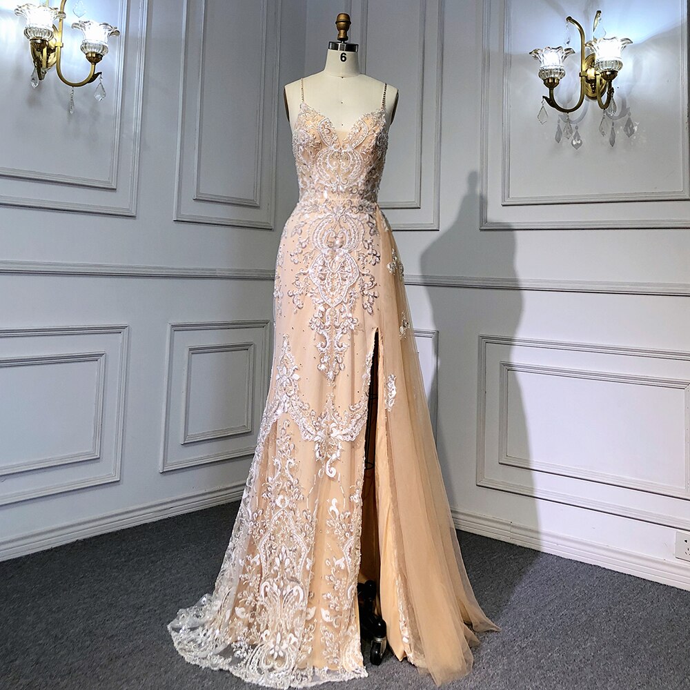 Nude Spaghetti Strap Luxury Evening Dresses Gowns 2025 Mermaid Beaded Elegant Overskirt For Women Party LA71599