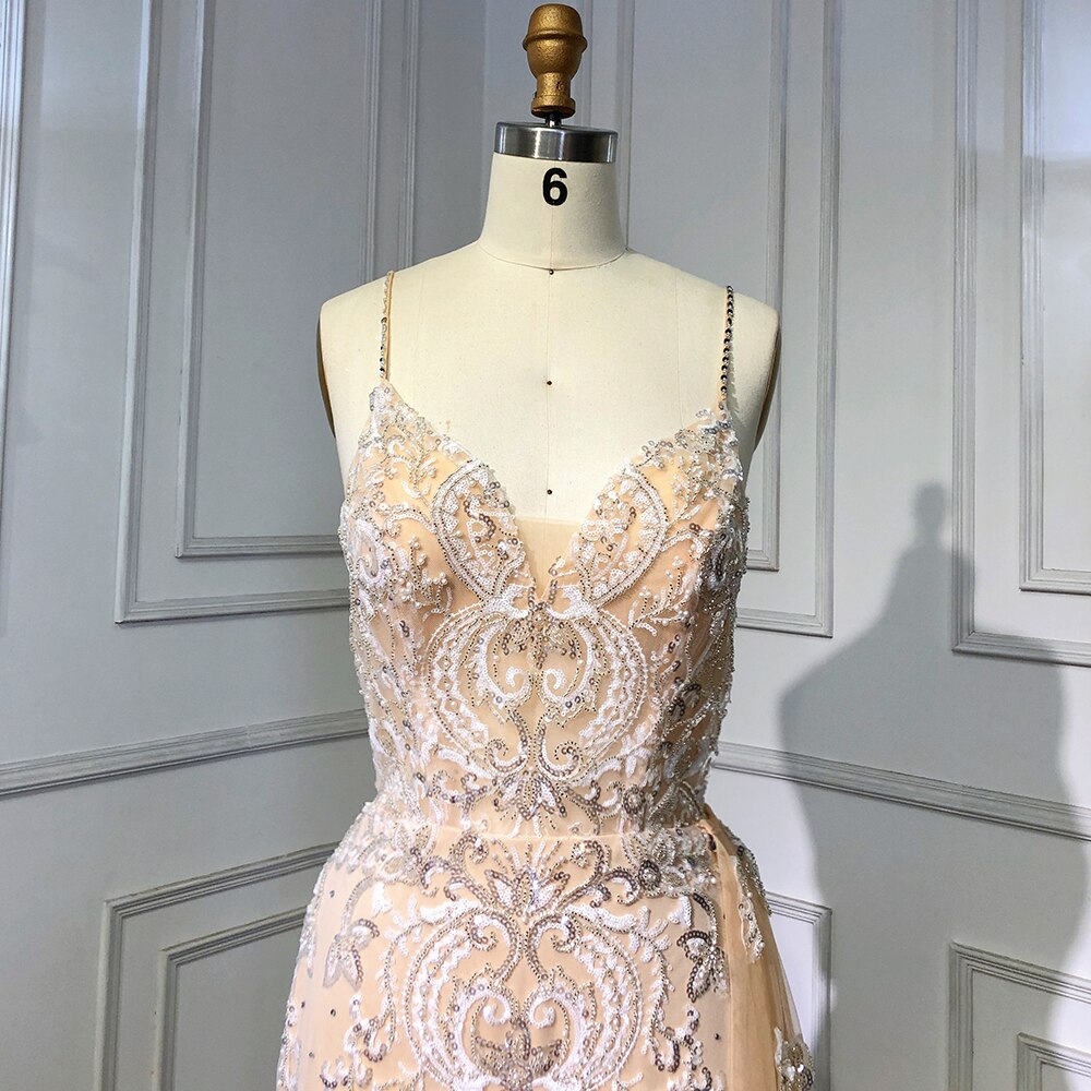Nude Spaghetti Strap Luxury Evening Dresses Gowns 2025 Mermaid Beaded Elegant Overskirt For Women Party LA71599