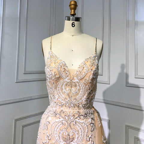 Vestidos de noche de lujo color piel con tirantes finos, estilo sirena, con cuentas, elegante sobrefalda para fiesta, LA71599 