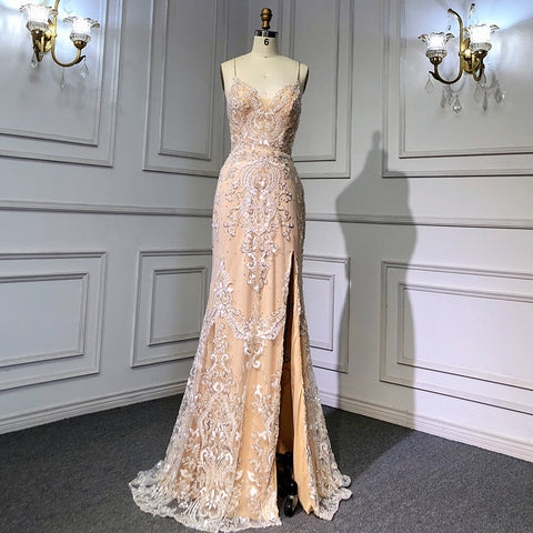 Vestidos de noche de lujo color piel con tirantes finos, estilo sirena, con cuentas, elegante sobrefalda para fiesta, LA71599 