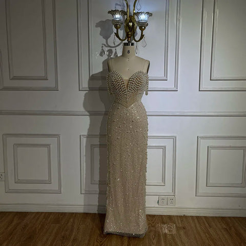Vestido de noche estilo sirena con tirantes finos color piel y perlas - Vestido de lujo estilo Dubái para boda LA72393 