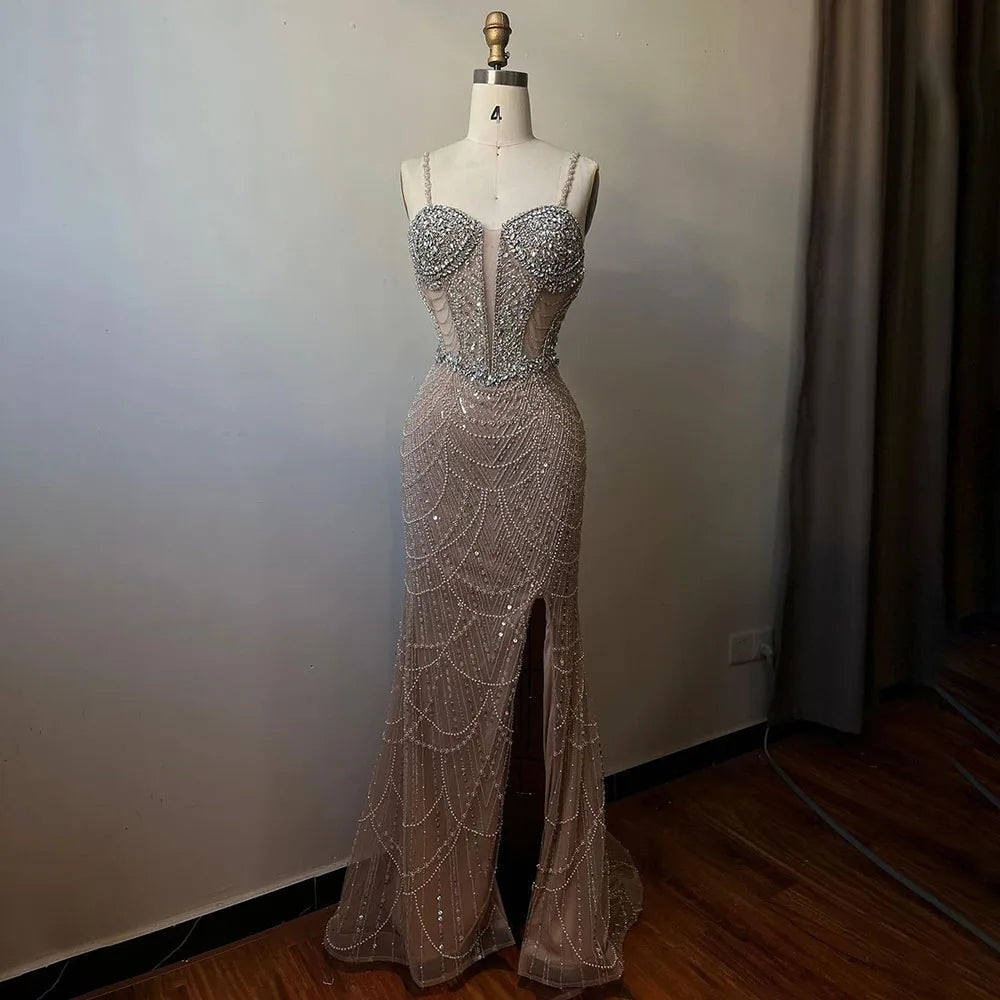 Nude Strapless Mermaid Luxury Evening Dresses Gowns And Beaded Design Arabic 2025 For Women Wedding Party LA72249