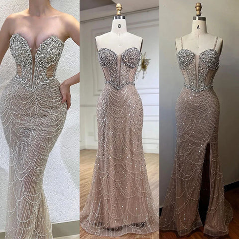 Vestidos de noche de lujo con corte sirena, sin tirantes y diseño árabe con cuentas, para mujer, 2025, para boda, LA72249 