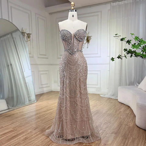 Vestidos de noche de lujo con corte sirena, sin tirantes y diseño árabe con cuentas, para mujer, 2025, para boda, LA72249 