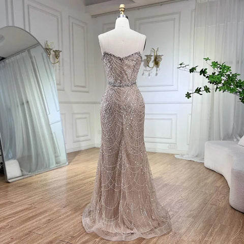 Vestidos de noche de lujo con corte sirena, sin tirantes y diseño árabe con cuentas, para mujer, 2025, para boda, LA72249 