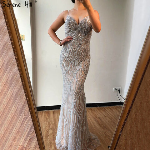 Vestidos de noche de sirena color blanco nude 2025 con tirantes finos, de lujo, elegantes para mujer, para fiesta LA70214 