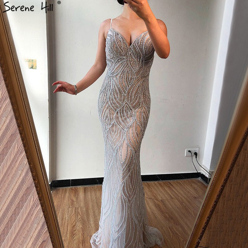 Nude White Mermaid Evening Dresses Gowns 2025 Spaghetti Strap Luxury Elegant For Women Party  LA70214