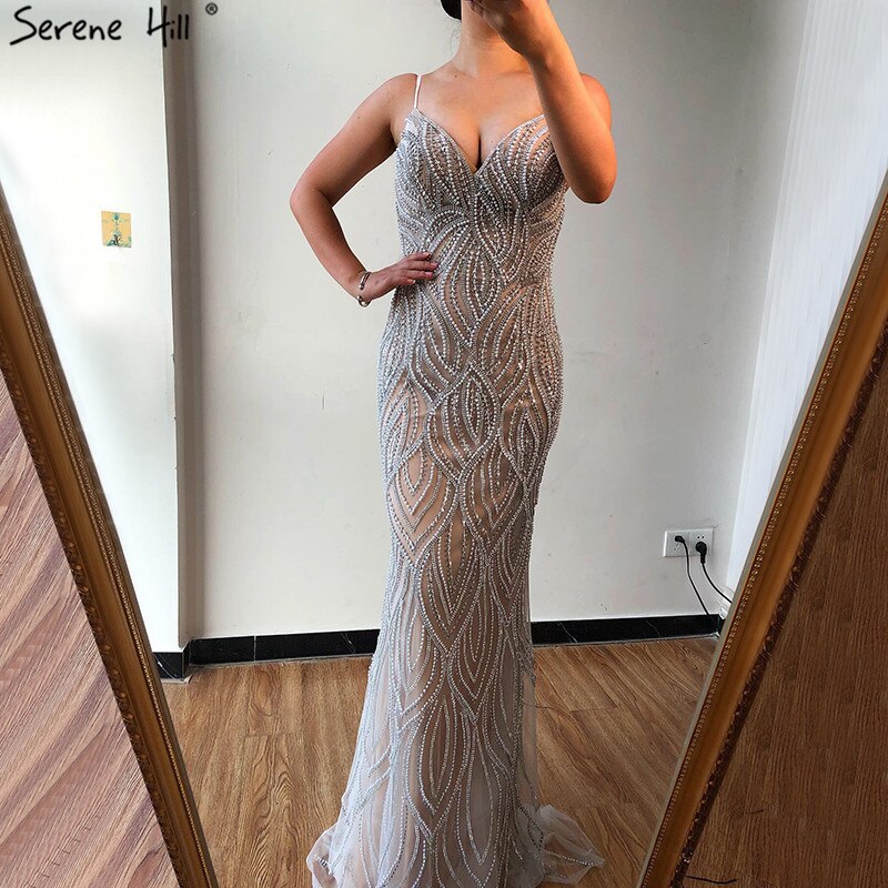 Nude White Mermaid Evening Dresses Gowns 2025 Spaghetti Strap Luxury Elegant For Women Party  LA70214