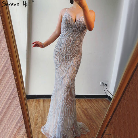 Vestidos de noche de sirena color blanco nude 2025 con tirantes finos, de lujo, elegantes para mujer, para fiesta LA70214 