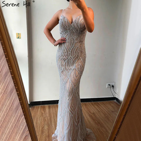Vestidos de noche de sirena color blanco nude 2025 con tirantes finos, de lujo, elegantes para mujer, para fiesta LA70214 