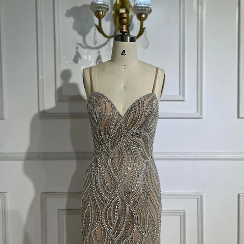 Vestidos de noche de sirena color blanco nude 2025 con tirantes finos, de lujo, elegantes para mujer, para fiesta LA70214 