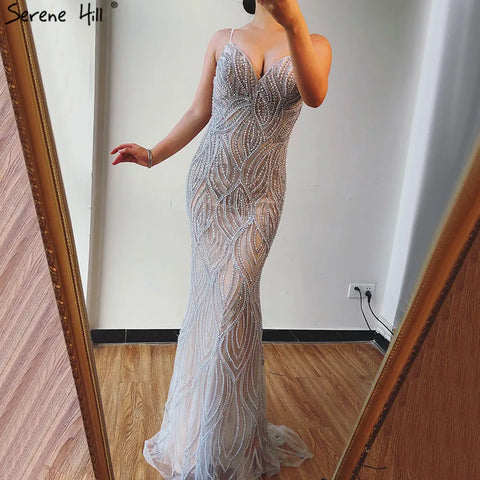 Vestidos de noche de sirena color blanco nude 2025 con tirantes finos, de lujo, elegantes para mujer, para fiesta LA70214 
