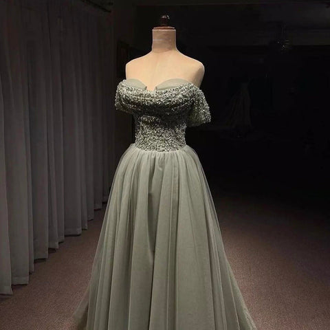 Vestido de noche verde oliva con escote corazón, corte A, de lujo, con cuentas, para mujer, fiesta, LA71681 