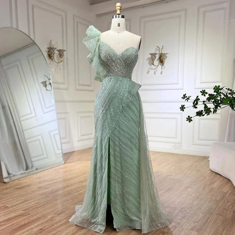 Vestido de noche de sirena con un solo hombro y sobrefalda con cuentas para boda de mujer 2025 LA72389 