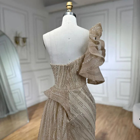 Vestido de noche de sirena con un solo hombro y sobrefalda con cuentas para boda de mujer 2025 LA72389 