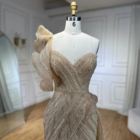Vestido de noche de sirena con un solo hombro y sobrefalda con cuentas para boda de mujer 2025 LA72389 